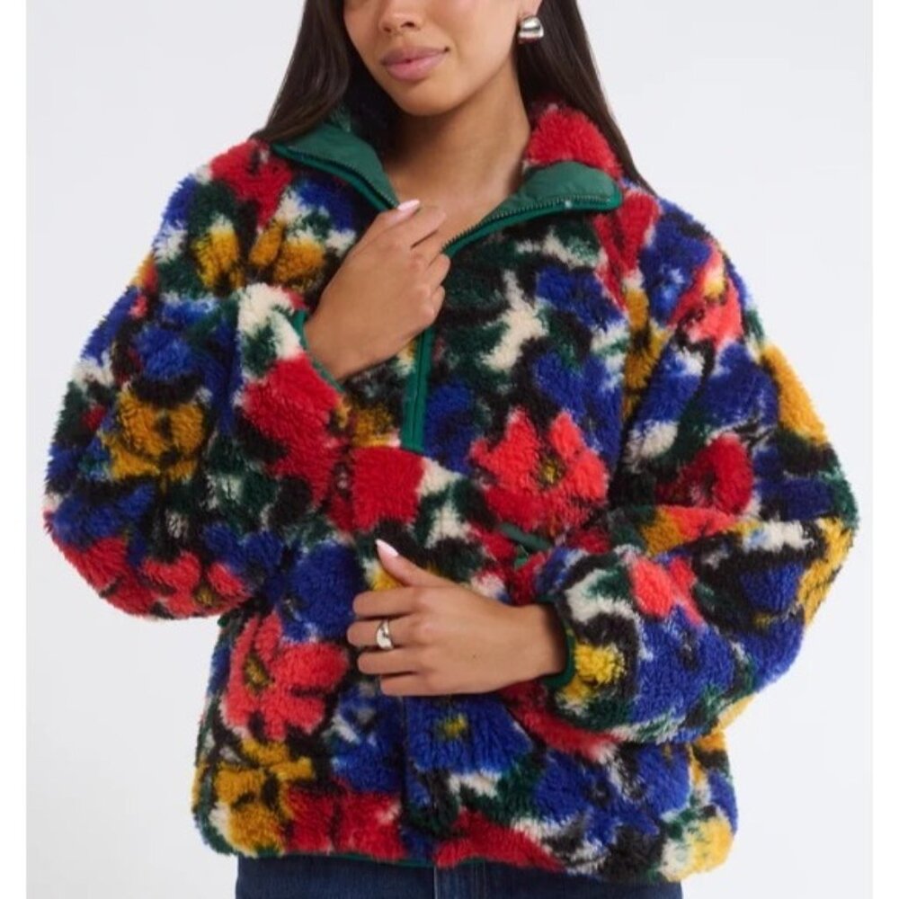 NEW Rumored Sun Valley Sherpa Coat Womens S Floral Vibrant Vintage Gorpcore Cozy